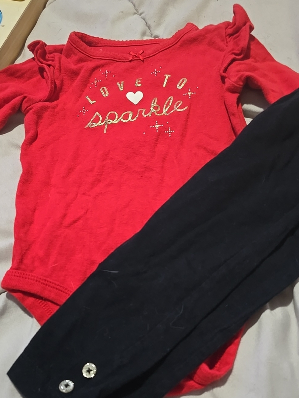 !!.      Girls 12 Month Red 'Love to Sparkle' Bodysuit and Black Leggings Set
